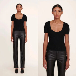 Staud Buxton Rib-Knit T-Shirt in Black Size Medium $225 Sweetheart Neckline
